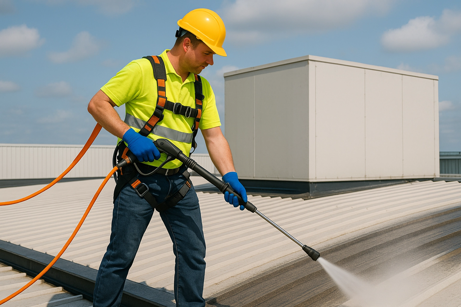 Operatives cleaning cladding elevations using safe access systems